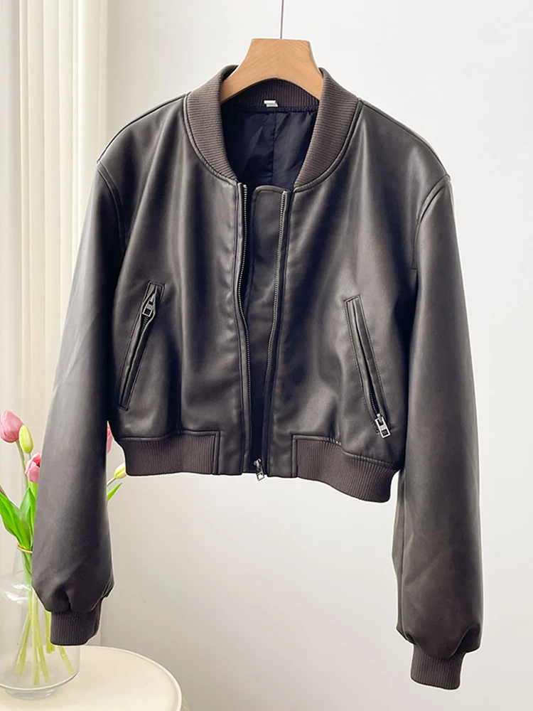 

LY VAREY LIN New Spring Autumn Women Streetwear Motorcycle Pu Coat Lady Vintage Loose O-neck Zipper Faux Leather Short Jacket