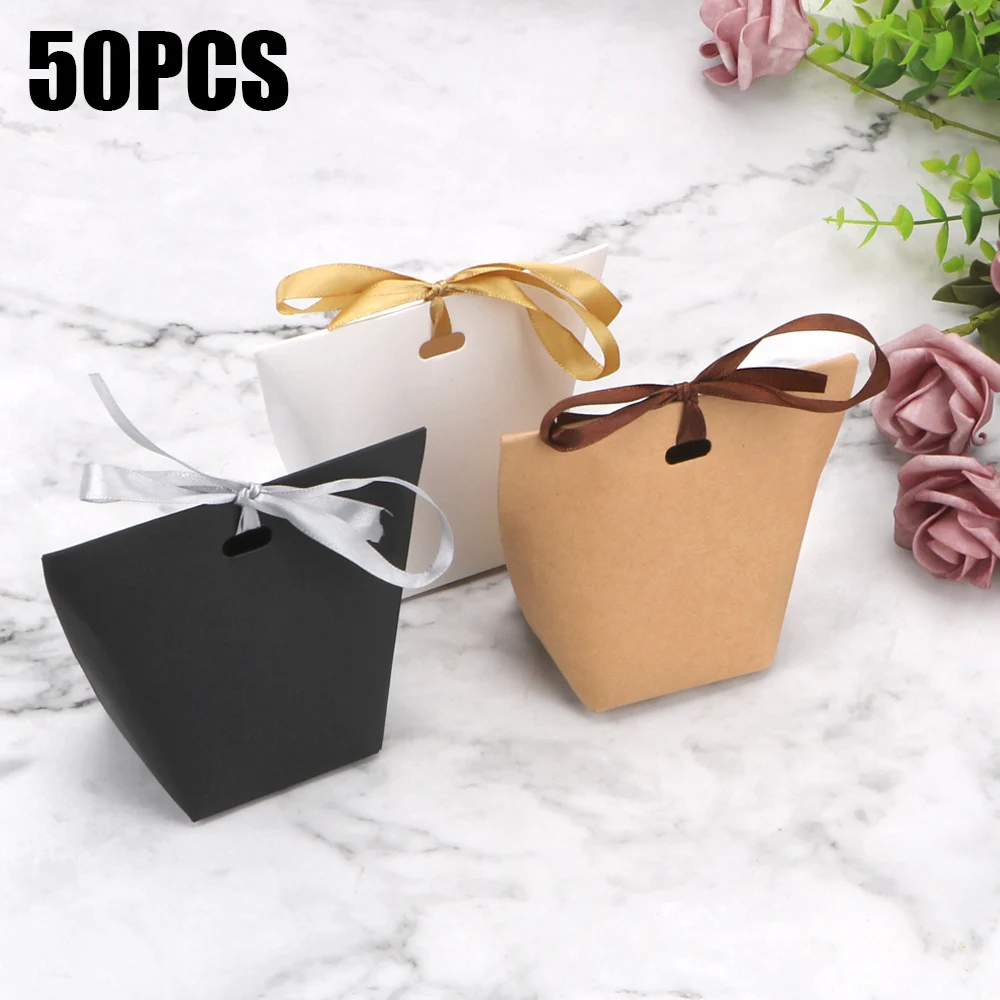 

Wedding Favors Gift Box Package Blank Kraft Paper Bag Birthday Party Decoration Bags With Ribbon 50pcs White Black Candy Bag