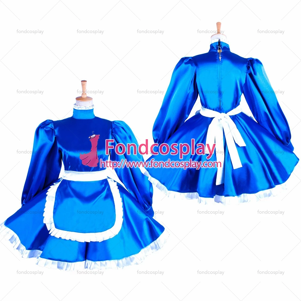 

adult sexy cross dressing sissy maid short lockable blue Satin dress apron Uniform costume Tailor-made[G1551]