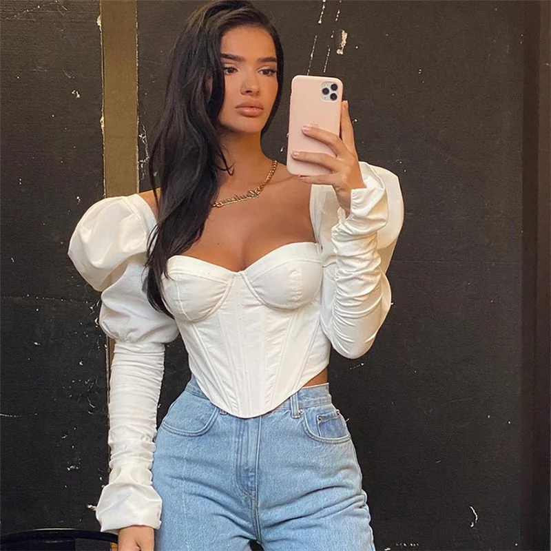 

Женская Винтажная футболка с квадратным вырезом, облегающая футболка с рукавами-фонариками и квадратным вырезом, весна 2020