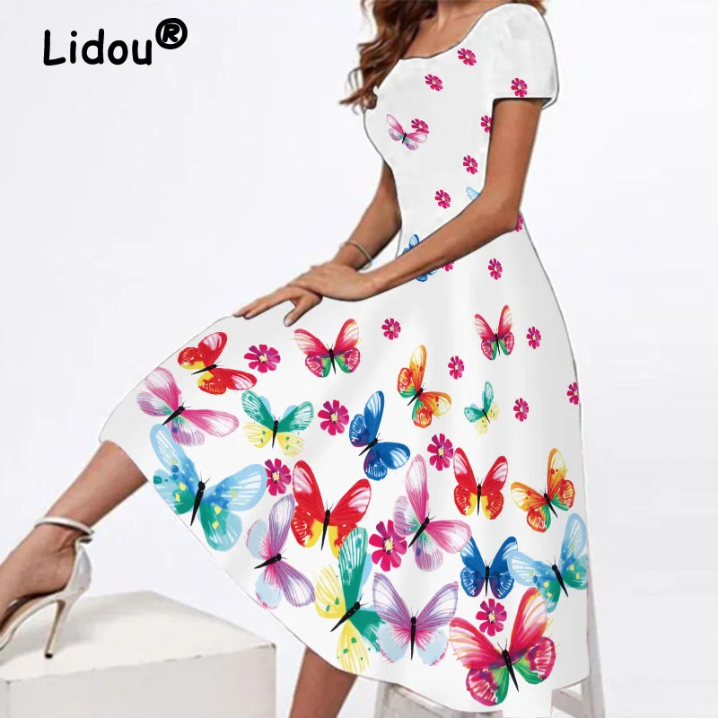 

Vintage 3D Butterfly Printed Summer Short Sleeve Maxi Dresses Women Bohemian Long Dress Robe Female Elegant Beach Dress Sundress