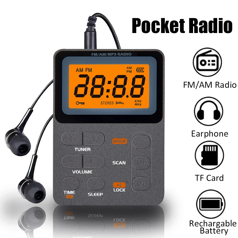 

FM AM Emergency Pocket Radio Portable LCD Display Radio Receiver Mini MP3 Playe With Earphone Auto-Search Channels Hand Radio