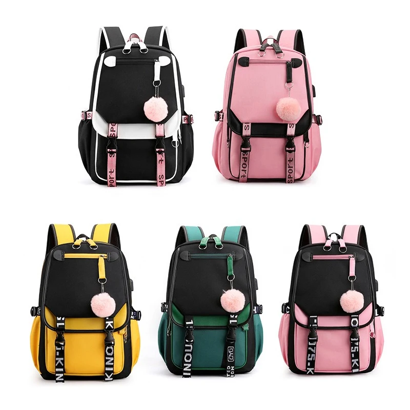 Pink Teen School Backpack Large School Bags for Teenage Girls USB Port Canvas Schoolbag Student Book Bag Fashion Black