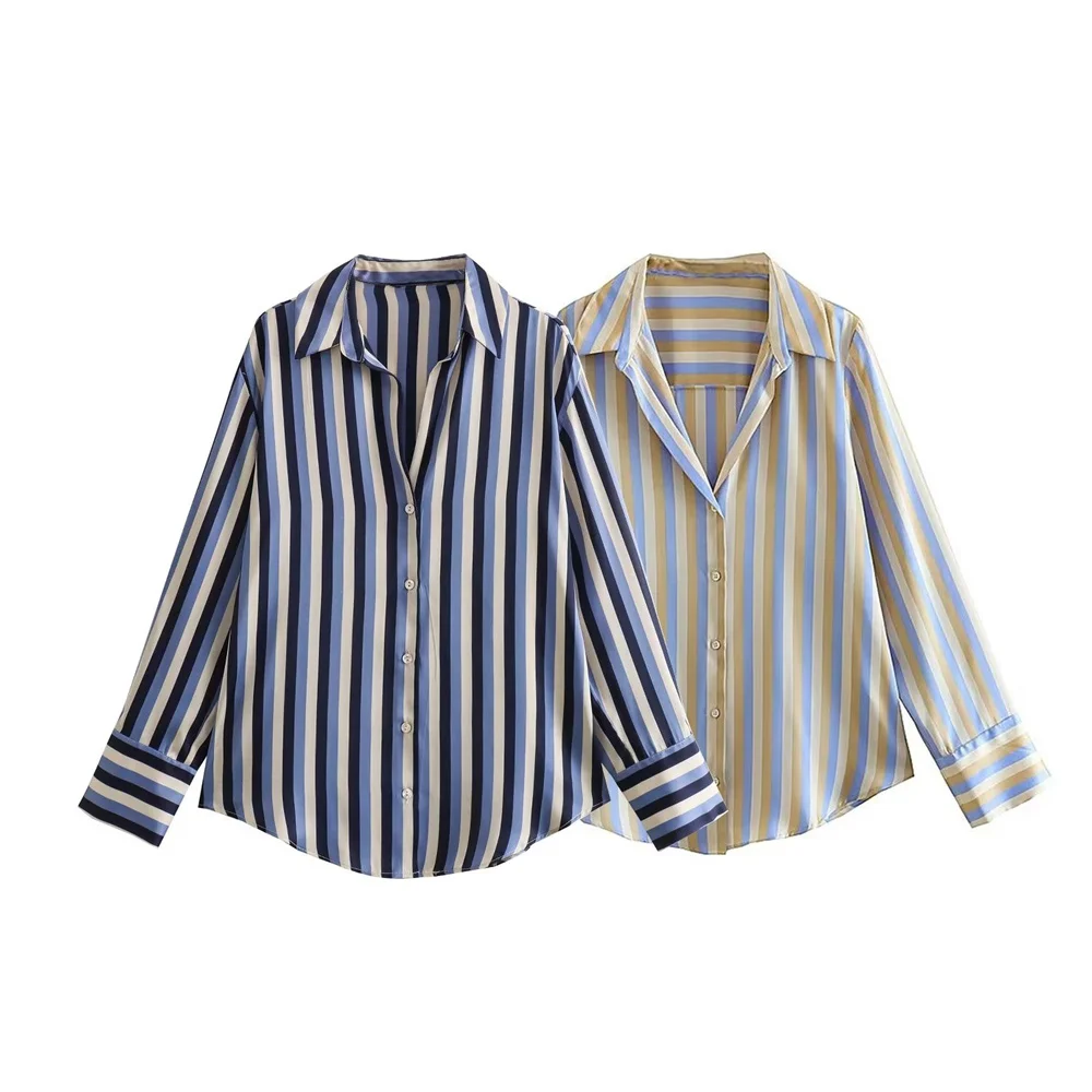 

New autumn and winter women's elegant and simple lapel long-sleeved loose silk satin texture striped drape shirt 8160276