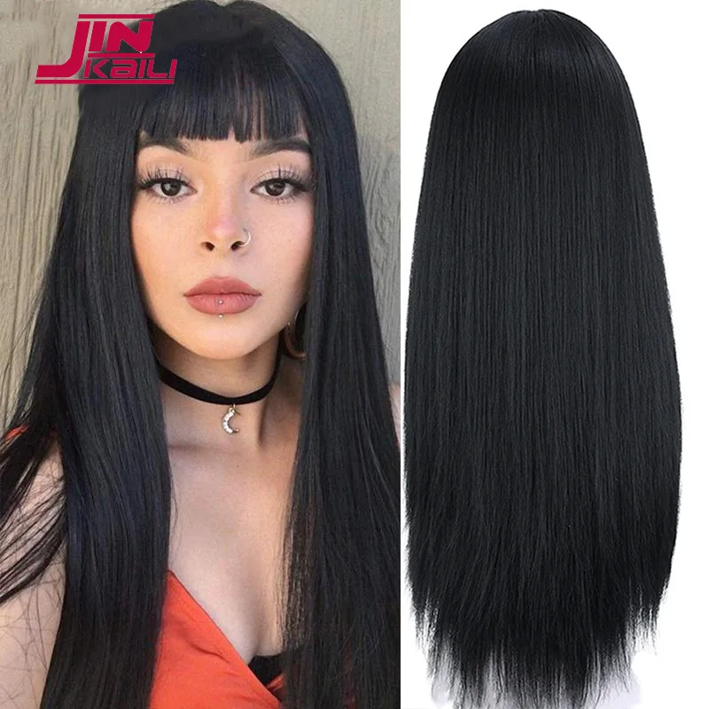 

Синтетический длинный прямой черный парик JINKAILI с челкой, термостойкий косплей парик, афроамериканская Лолита, ежедневный женский парик