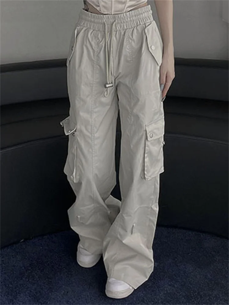 

CHRONSTYLE Women Loose Causal Cargo Pants Solid Color Casual Elastic High Waist Drawstring Wide Leg Joggers Trousers Streetwear