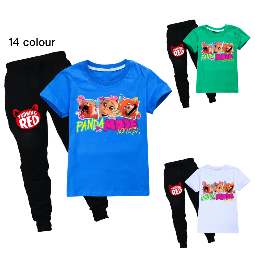 

2022 New Turning Red Summer Cartoon Kids Toddler Baby Boy Short Sleeve T Shirt Top + Pants 2 Piece Dress Suit Girls Clothes
