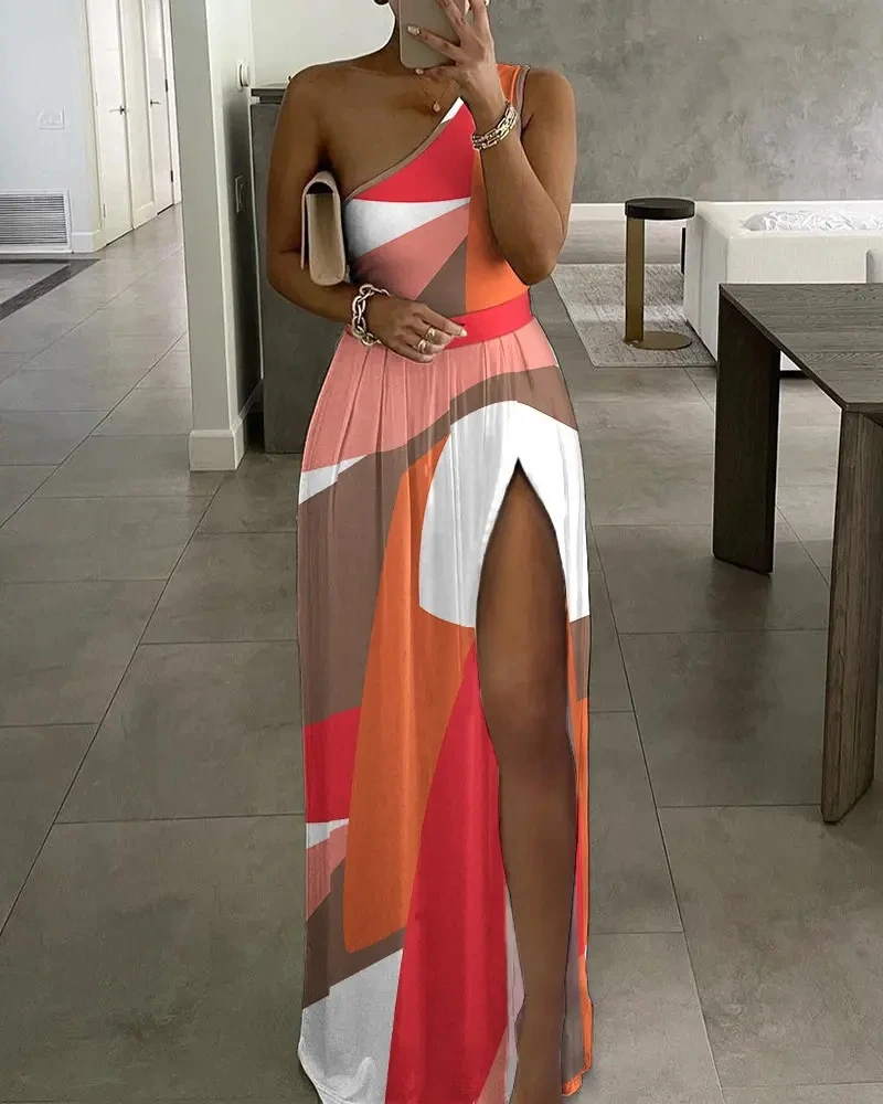 

Women Colorblock One Shoulder Dress Summer High Slit Maxi Dress 2022