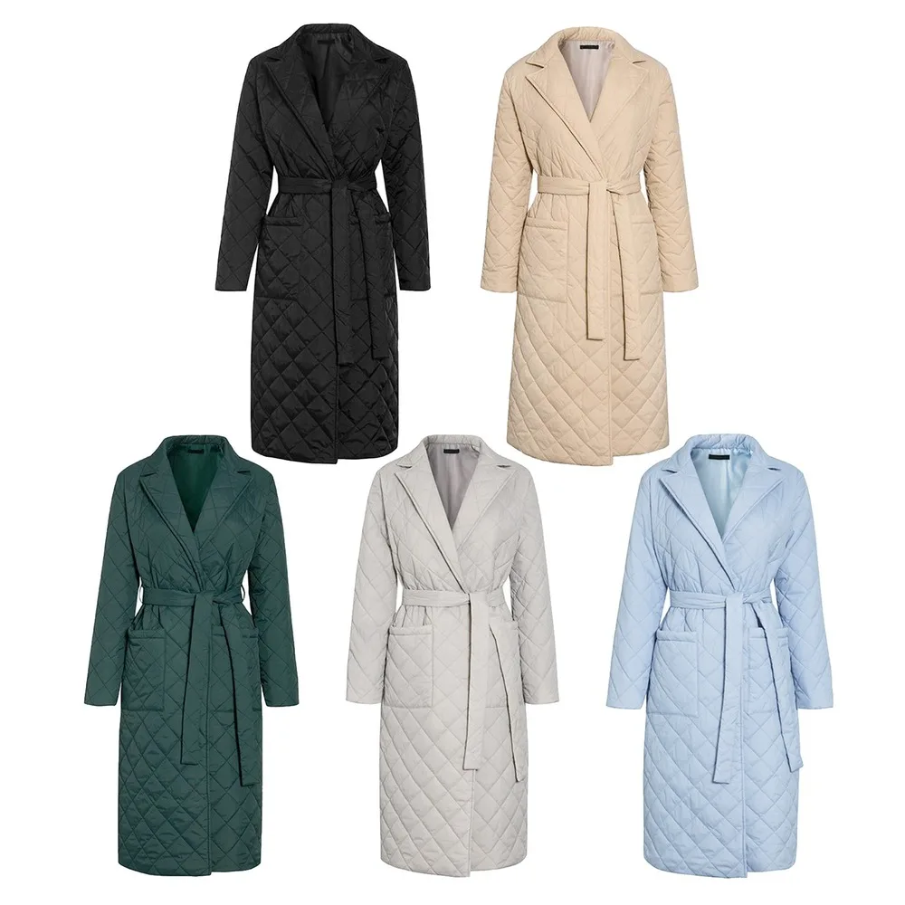 2021 Autumn Winter Coat Womens Argyle Long Jacket Thin Parkas Double Breasted Belt Coat Plaid Trench Coats for Women Overcoat