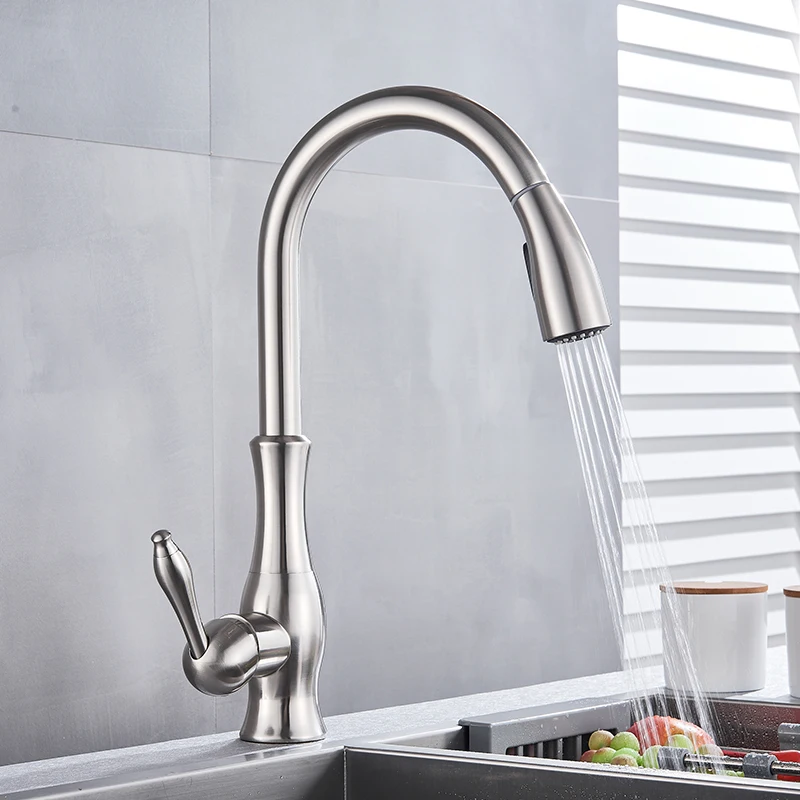 

Brushed Nickel Kitchen Faucet Pull Out Kitchen Mixer Tap Single Handle Stream Sprayer Kitchen Spout Hot Cold Water Tap
