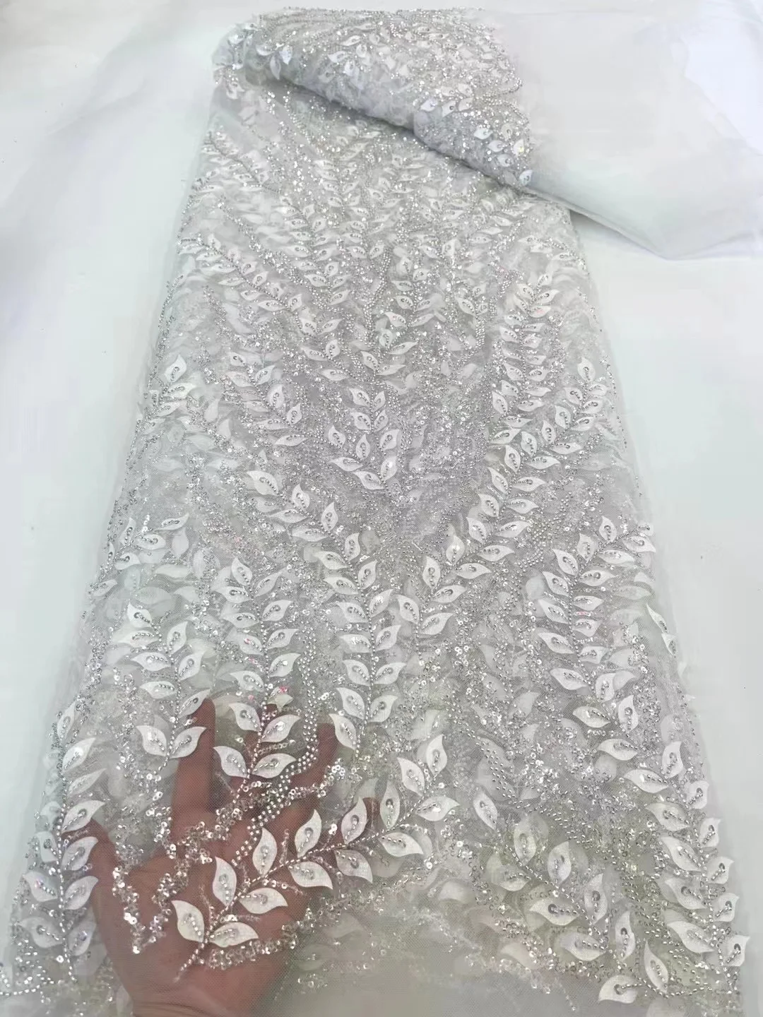 

Handmade Beaded Lace Fabric Nigeria Embroidery French Luxury Sequins Lace Wedding Dress Embroidered Aqua Tulle Material PL073-4