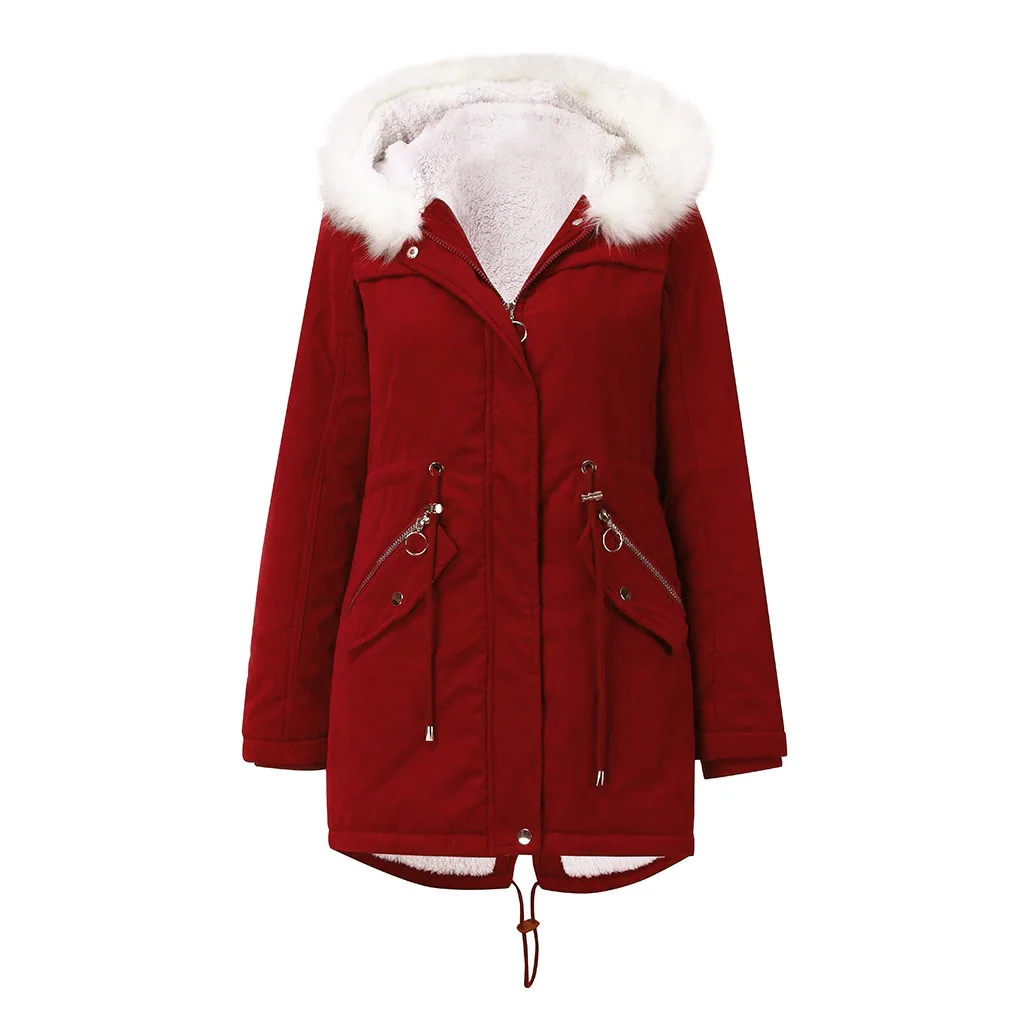 Women's Cotton Coat White Wool Collar Parka Medium Long Hooded Winter Warm Velvet Coat Women's Cotton Coat Winter Clothes Women