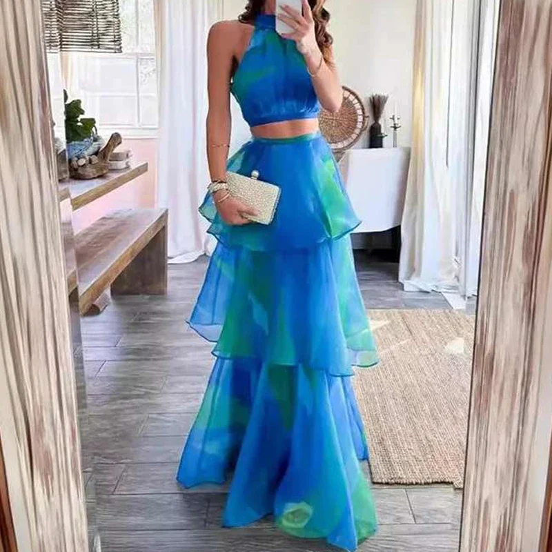 Женский костюм для отпуска из двух предметов повседневный топ без рукавов и юбка