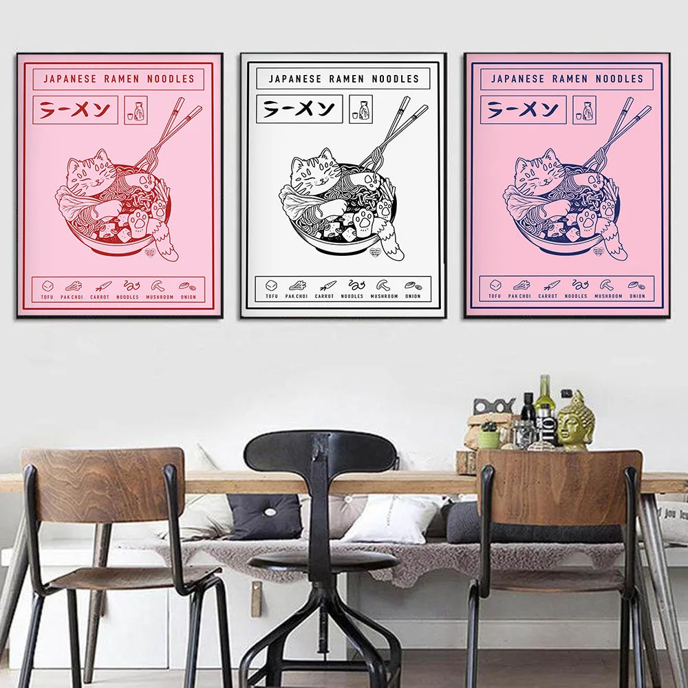 

Funny Japanese Ramen Noodles Cat Posters and Prints Canvas Painting Cartoon Food Wall Art Pictures Kitchen Room Decoration