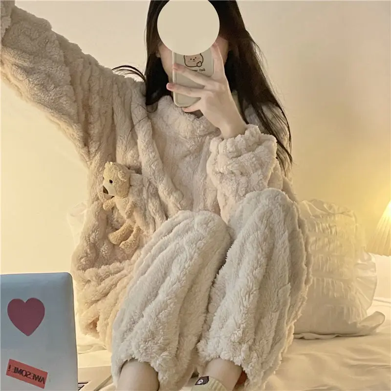 New coral velvet pajamas women's autumn and winter ins style cute sweet flannel loungewear set