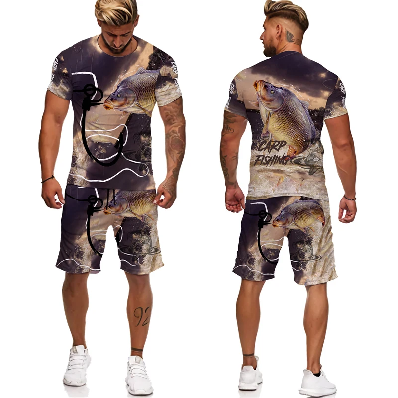 2023 summer new men's camouflage animal fish pattern 3D printing men's T-shirt / shorts / suit men's Harajuku fashion T-shirt su