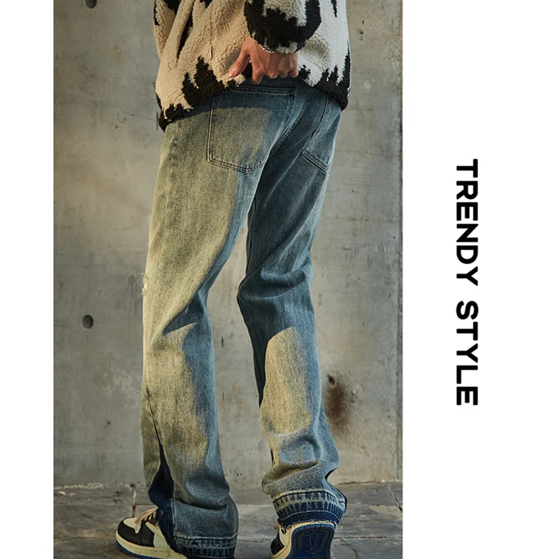 Streetwear Men 2022 New Vintage Straight Tube Splicing Recreational Jeans Simplicity Temperament Cylinder Trousers Autumn Female