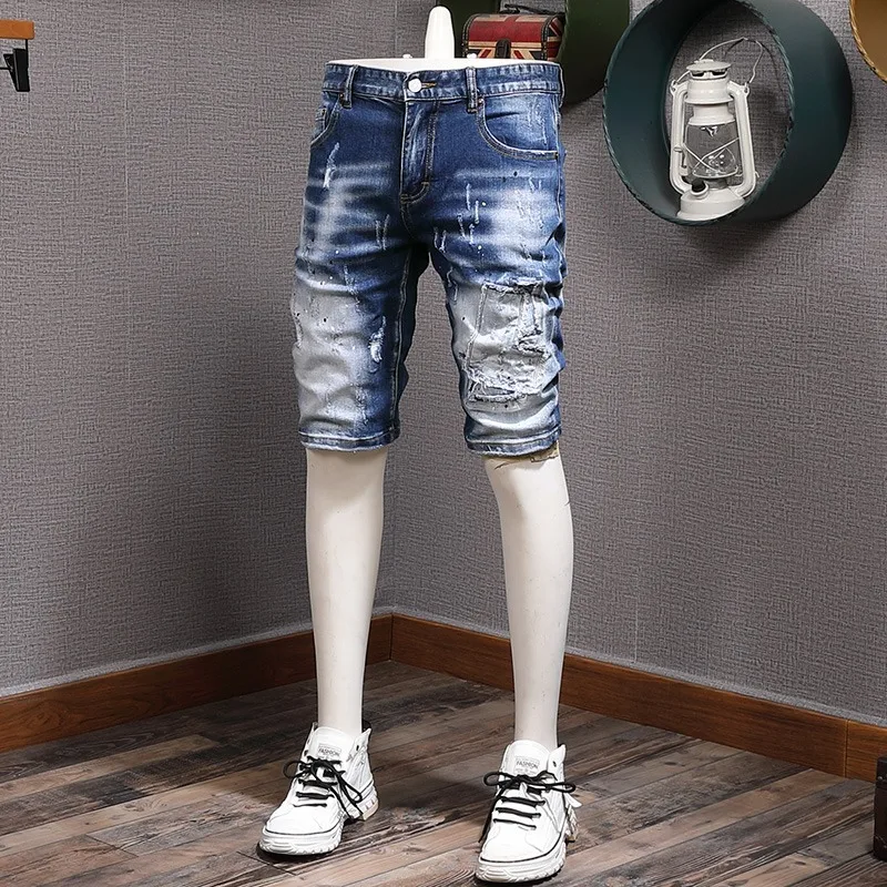

Ripped Denim Shorts Men Fashion Patches Short Jeans Summer Streetwear Casual Dots Printed Blue Stretch Straight Slim Fit Pants