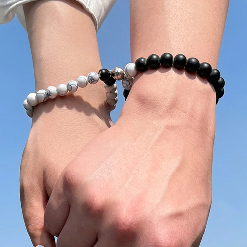 

2pc/set Couples Stone Bead Bracelet for Men Women Lover Black Magnet Charm Bracelets Friendship Jewelry Bangles 2022 New