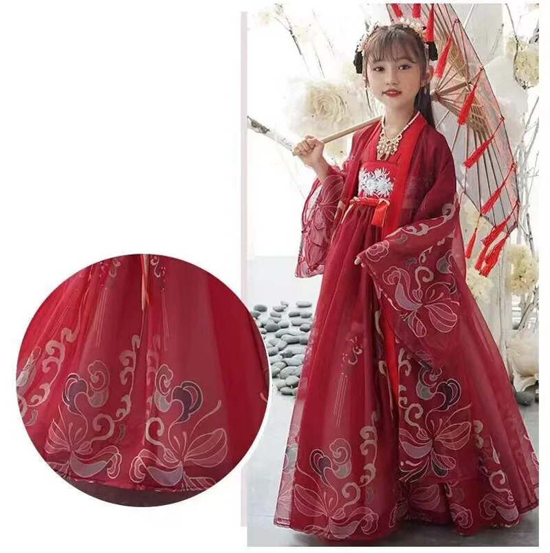 Китайское красное Повседневное платье Hanfu для девочек