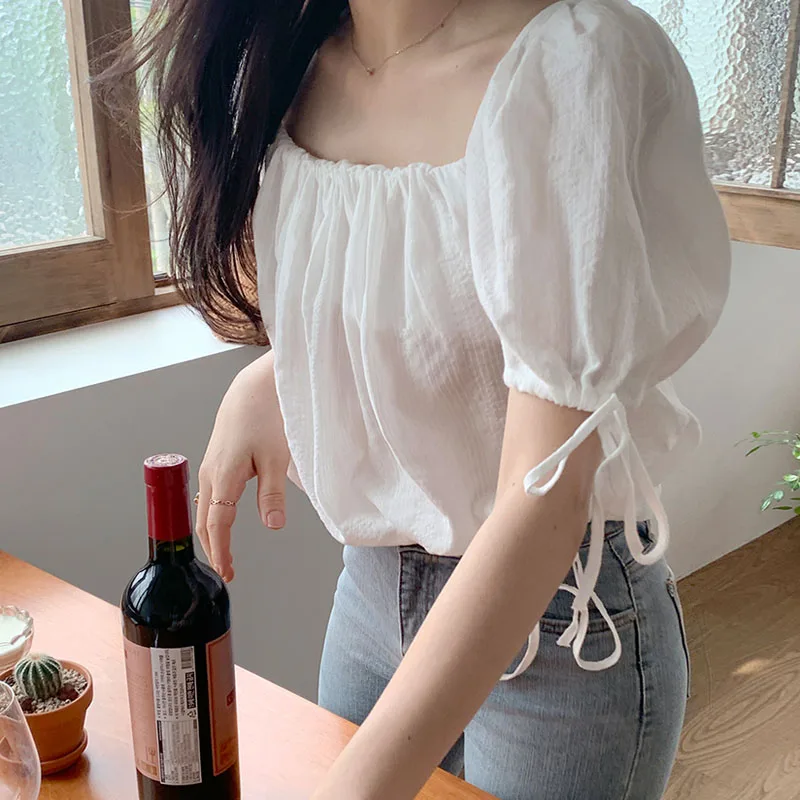 

Solid Women Blouse Ruffled Square Collar Short Puff Sleeve Summer Loose Lace-up Slimming Loose Top Blusas De Mujer Women Tops