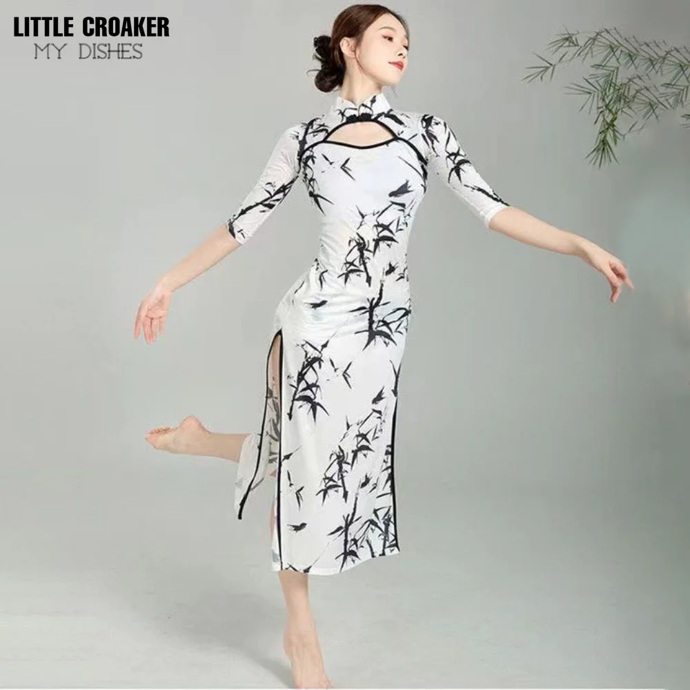 

Chinese Style Elastic Floral Print Cheongsam Chinese Classical Dance Costumes Women Dress Traditional Performance Clothing