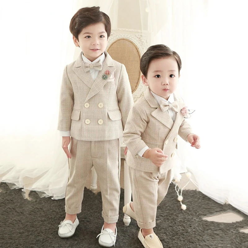 4PCS Little Boy Gentleman Suit Formal clothes Coat Vest Pants Tie bow Outfit Set Khaki Lattice birthday Wedding Party Dress Suit