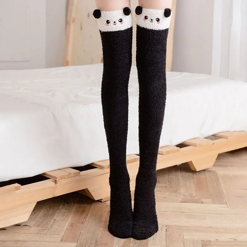 

Soft Coral Fleece Knee Socks Women Cute Cartoon Animal Stockings Striped Cozy Long Thigh High Socks Christmas Winter Warm Girls