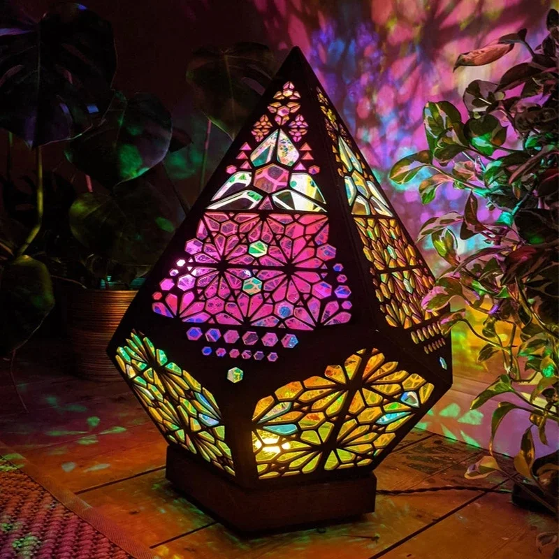 

Wooden Hollow LED Projection Night Lamp Bohemian Colorful Projector Desk Lamp Household Home Decor Holiday Atmosphere Lighting
