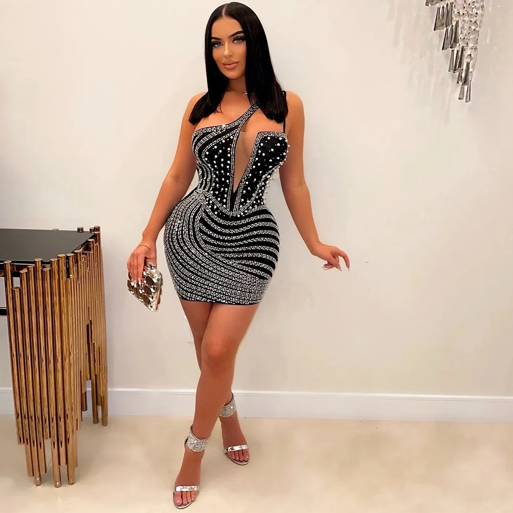 Women Sexy Sequins Evening Dress Hollow Out One Shoulder Sleeveless Backless Mini Dress Fashion Bodycon Party Club Dresses