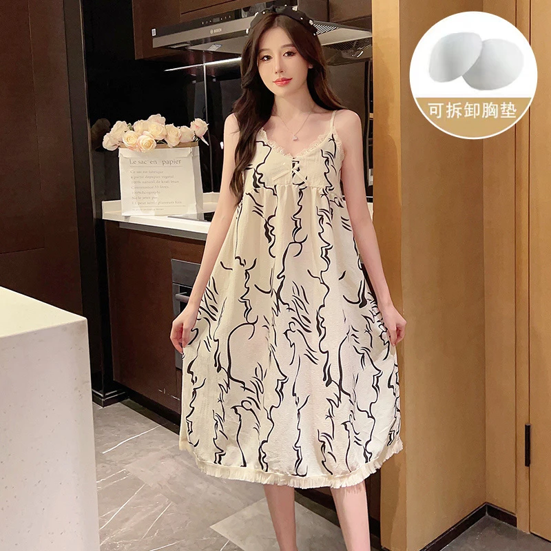 

2023 Summer Sexy Lingerie Spaghetti Strap Nightgowns for Women Korean Cotton Print Sleepwear Nightdress Night Dress Home Nighty