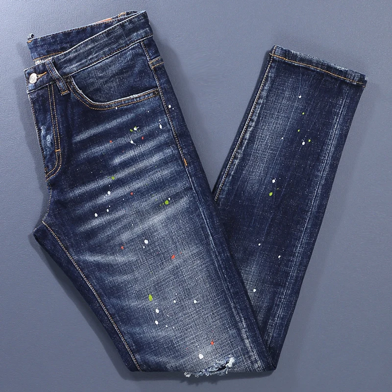 Уличные модные мужские джинсы высококачественные винтажные синие эластичные