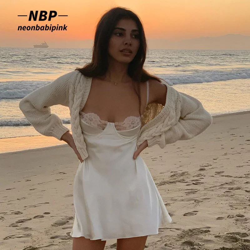 

NEONBABIPINK Sexy White Lace Trim Satin Sundress Fairycore Backless Low Cut A Line Mini Dresses for Women Summer 2022 N85-CF11