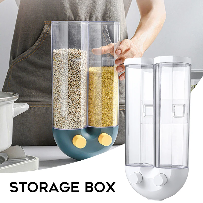 

Wall Mounted Rice Dispenser Container Press to Dispense Divided Design Sealed Grain Bucket Tank Kitchen Storage PR Sale