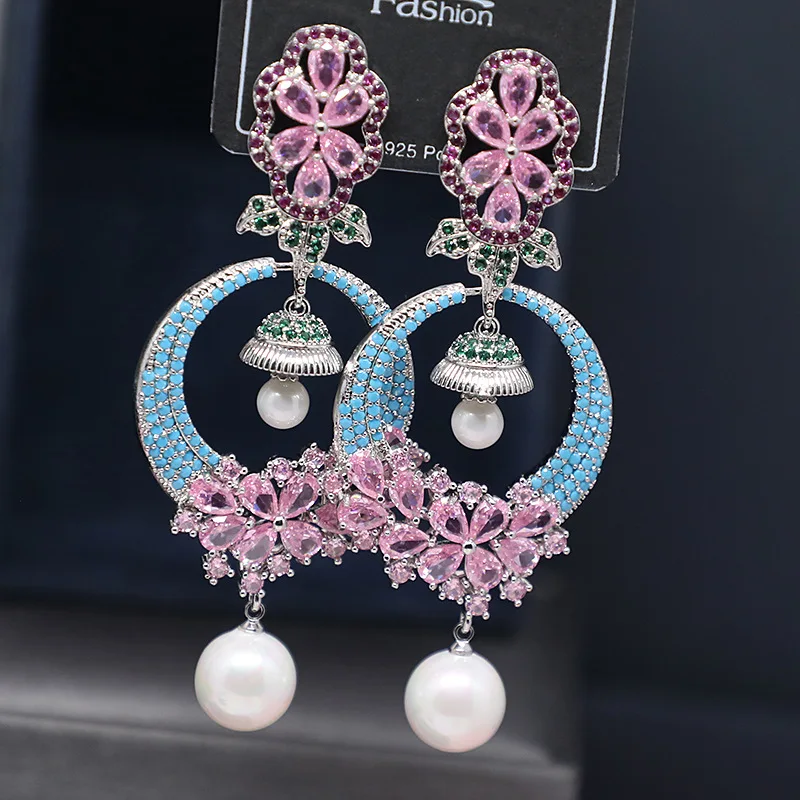 Brand Design Fashion Circle Pearl Eardrop For Women Brand Floral Bell Dangle Earings Gold Plated Cubic Zirconia Jewelry