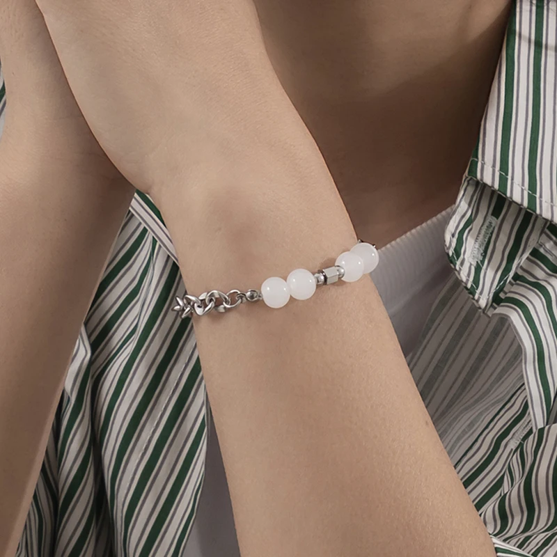 

Punk Creative Unique Basic Titanium Steel Chain Link Bracelets Women Round Glass Beads Charm Bracelet Geometric Lasso Jewelry