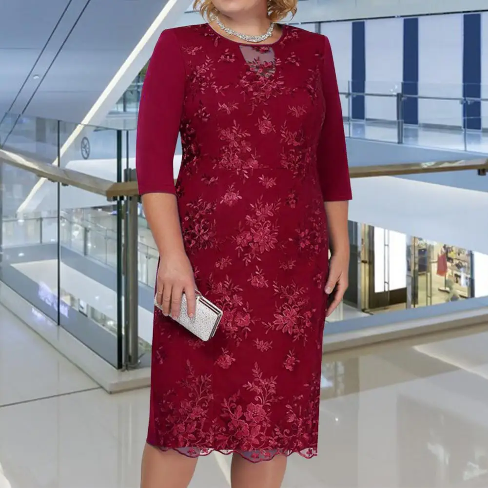 

Women Dress Half Sleeve Midi Dress Crochet Cut-out Knee Length Dress Formal Dress Lace Patchwork Crochet Flower Bodycon Dress