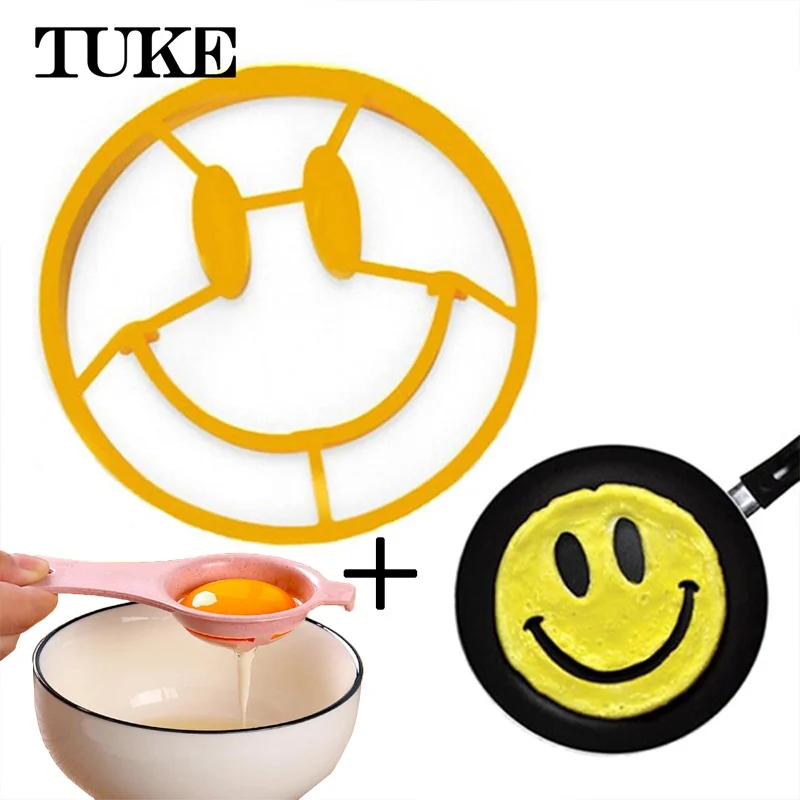 

Smiley Egg Silicone Cartoon Fried Breakfast Omelette Mold Egg Pancake Ring Shaper Cooking Tool + Kitchen Egg Yolk Separator