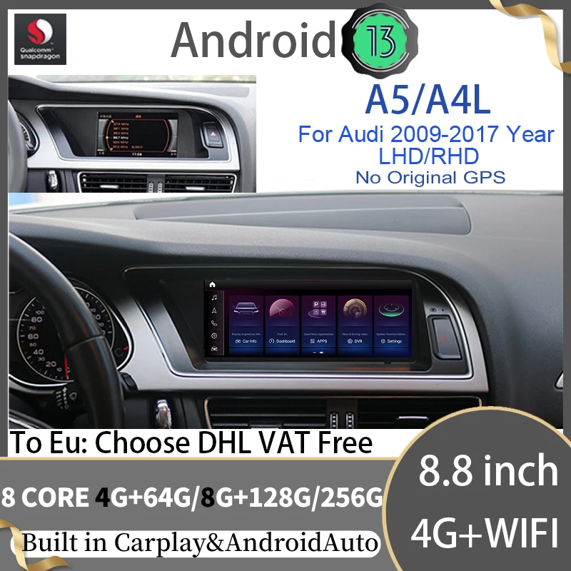 Qualcomm Android 13 GPS-навигация 8 &quot8 ядер для Audi A4 A4L B8 A5 2009-2016 Автомобильный