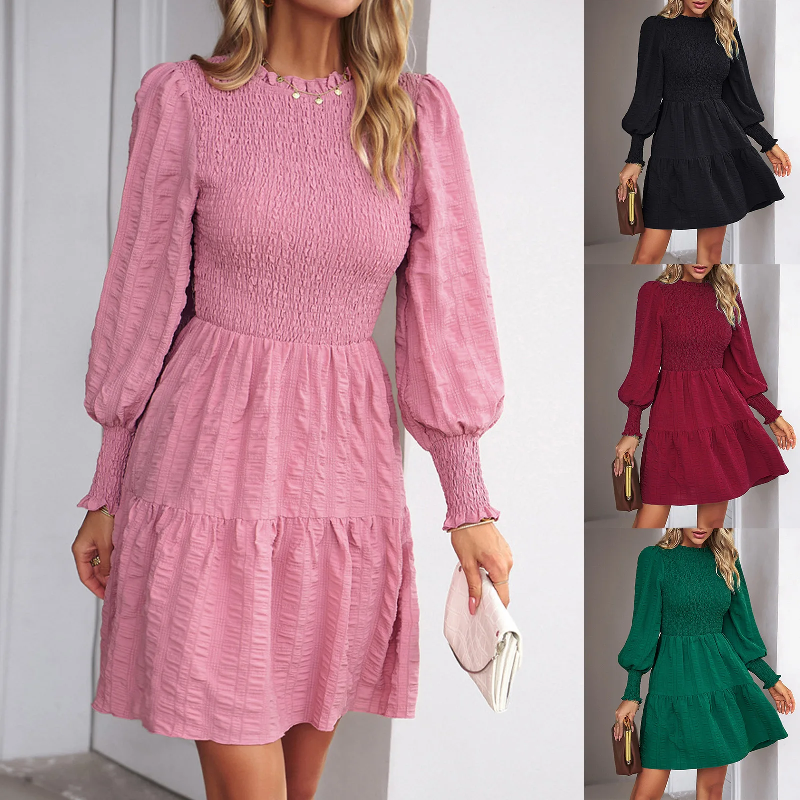 

Платье женское однотонное с рукавами-фонариками и высокой талией