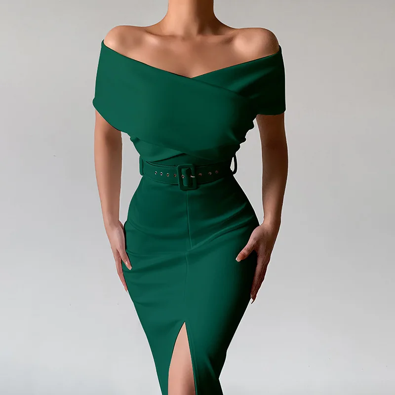 

Women's Trendy Medium Dresses Solid Slash Neck High Waist with Belt Women Wrapping Split Hem Medium Pencil Dress Summer 2022