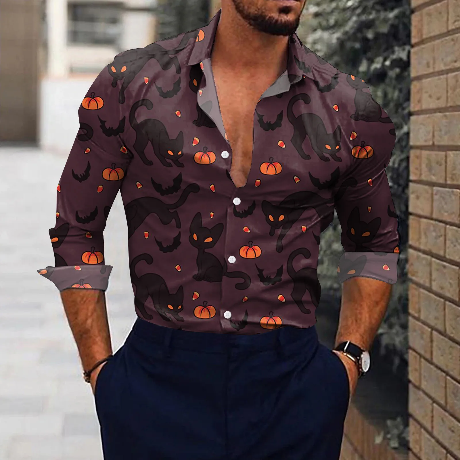 

Мужская Повседневная рубашка на пуговицах, с отложным воротником и длинным рукавом