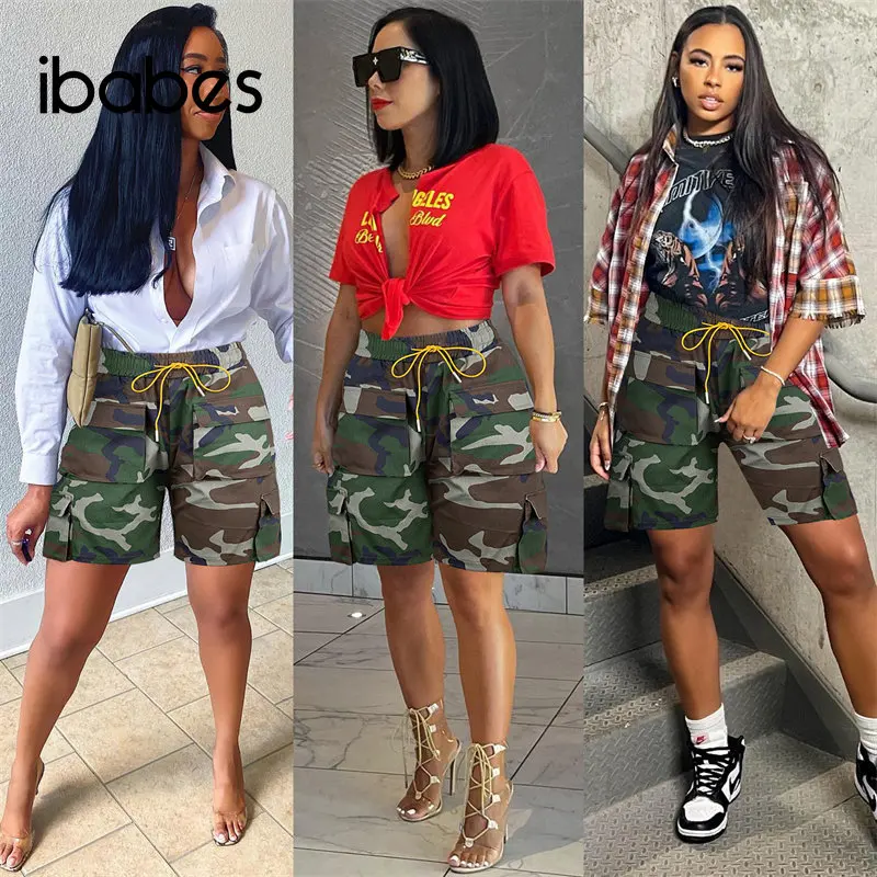 Camouflage Cargo Shorts Women Summer Multi Pockets Elastic High Waist Lace Up Loose Casual Street Mid Pants Camo Baggy Trousers
