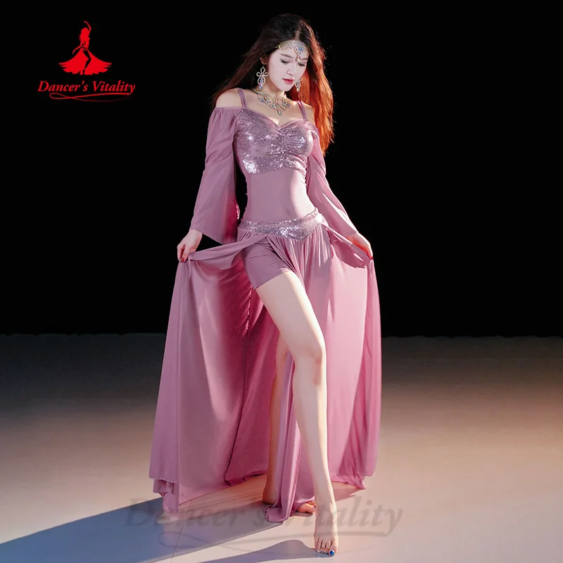 Костюм для танца живота женщин топ с длинными рукавами и блестками + сексуальная