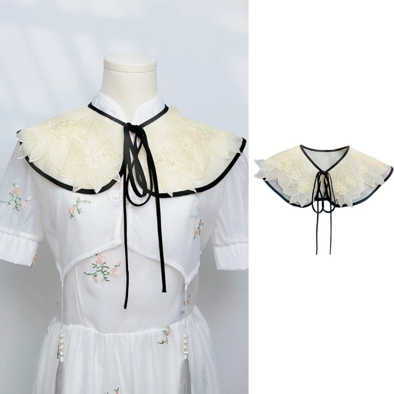 

Элегантное вышитое кружевное платье с цветочным накладным воротником для девочек, платье-рубашка с декоративным воротником