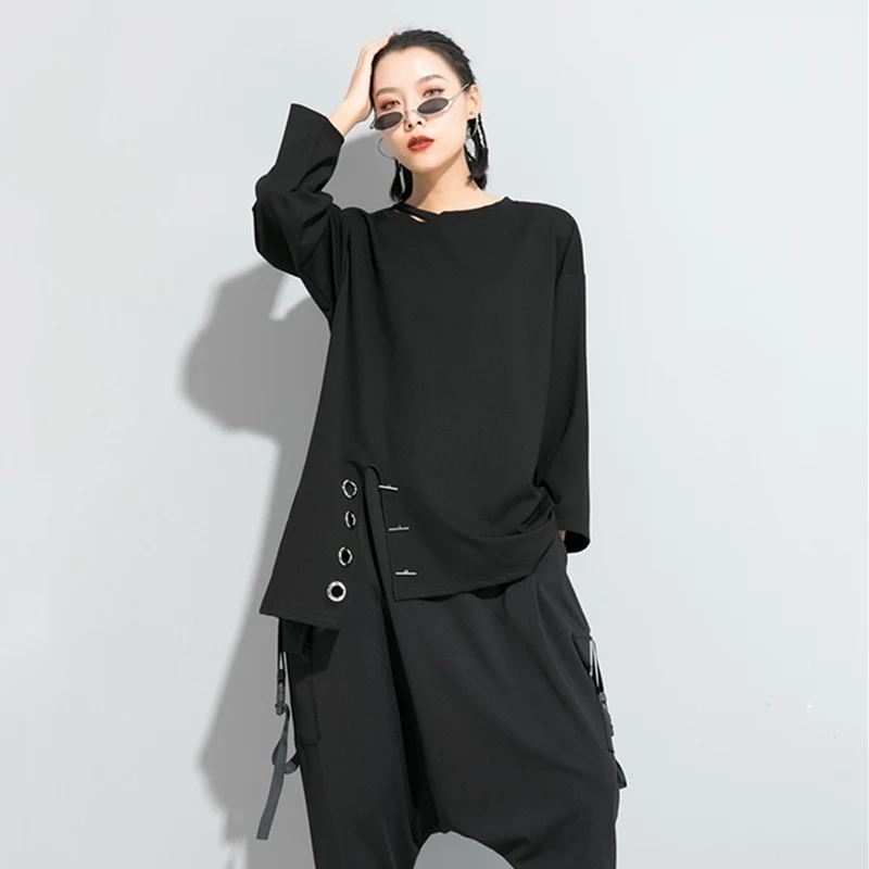 

Spring Autumn 2022 Irregular Split Black Vintage Oversized T-Shirt Women Top Loose Casual Long Sleeve T Shirt Fashion Clothing