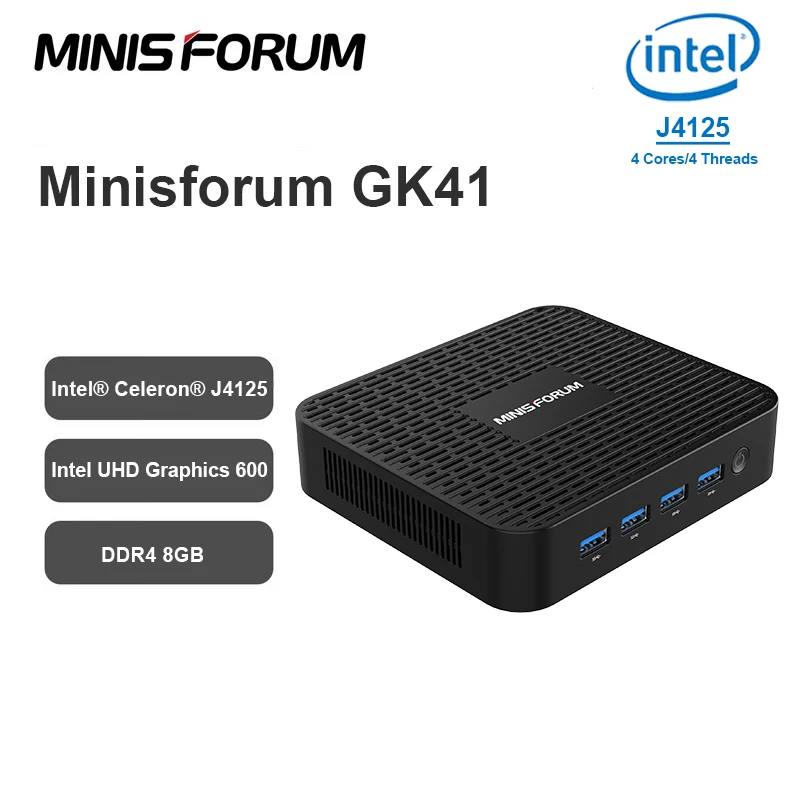 

Мини-ПК Minisforum GK41, Windows 11, Intel Celeron J4125 DDR4 8 ГБ 128 Гб SSD, четырехъядерный HDMI DP WiFi, настольный офисный мини-компьютер