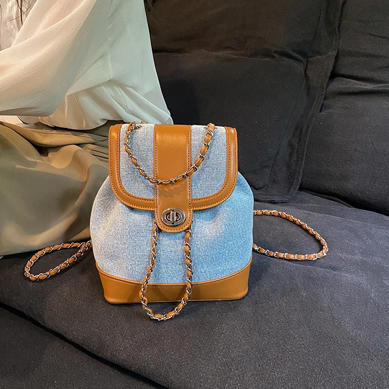 

Retro Denim Texture Chain Backpacks Women's Fashion Commuter Backpack Portable Travel Storage Satchel Splicing Casual Versatile