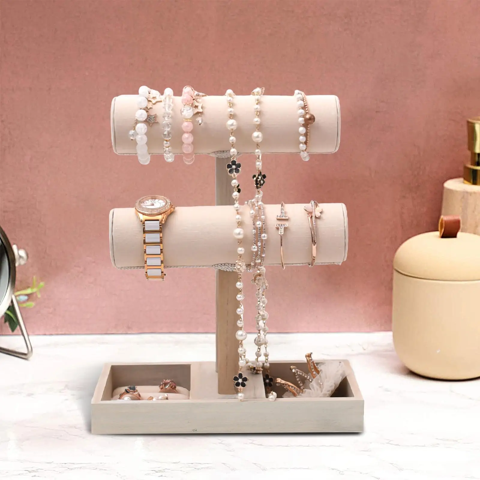 

2 Tiers Solid Wooden T-Bar Necklace & Bracelet Jewelry Display Stand & Organizer with Wood Ring Tray