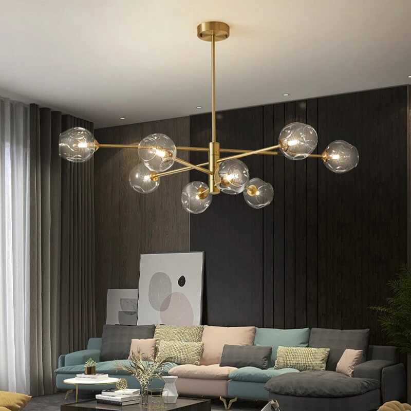 

Скандинавская медная подвесная люстра в виде лампы дневного света для гостиной, спальни, столовой, кухни, современный дизайн, стеклянный шар G9, Потолочный подвесной светильник